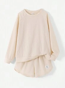 Tween Girl Casual Solid Color Crew Neck Long Sleeve Knitted Top And Straight Shorts Set - Apricot - View 6