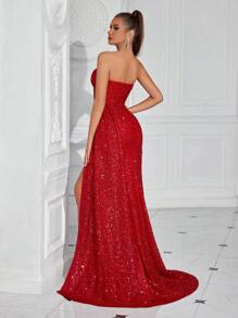 Elisanya Strapless Waist Tie-Up Open Back Ball Gown Party Dress, Elegant Formal Evening Prom Dress, For Wedding Guest, Graduation, Dinner - Red - View 2