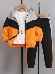 2 piezas/Set Ropa deportiva informal de niño joven con sudadera con capucha y pantalón de chándal de bloques de color, otoño