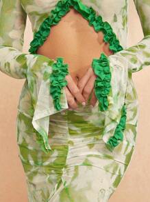 Hauture Floral Frill Cut Out Ruffle Hem Summer Dress - Green - View 4