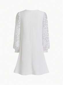 Chiquease Elegant Long Sleeve Lace Splicing V-Neck Dress - White - View 2