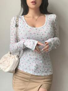 DAZY Áo thun nữ cổ tròn tay dài in họa tiết hoa mùa xuân và mùa hè, quần áo nữ mùa thu, áo thun họa tiết - trắng - Xem 7