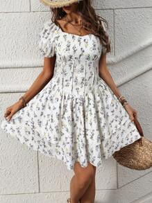 TrendSteals Women's Floral Print Short Puff Sleeve Dresses - White - View 4
