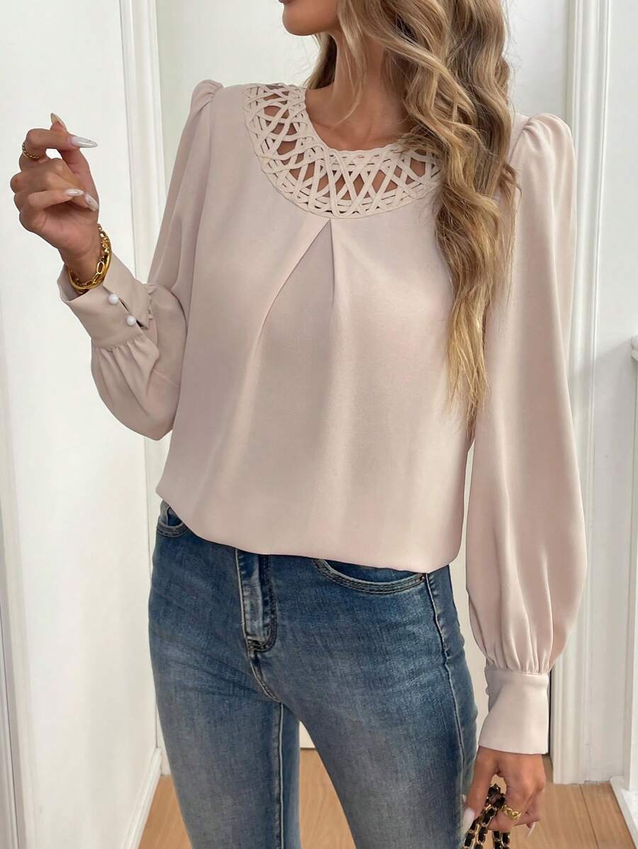 Chiquease Solid Color Hollow Splice Round Neck Long Sleeve Button Casual Top Fall Cloth For Women - Apricot - View 1