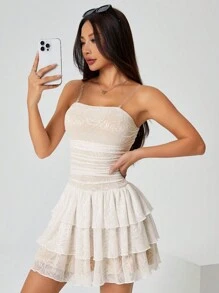 SHEIN PETITE Váy hoa mai xếp li đơn giản màu trơn cho nữ - Màu be - Xem 5