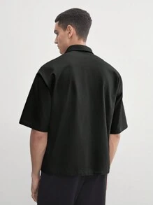AKNOTIC Business Casual 棉质男士宽松休闲编织短袖衬衫，适合夏季日常穿着 - 黑色 - 查看 6
