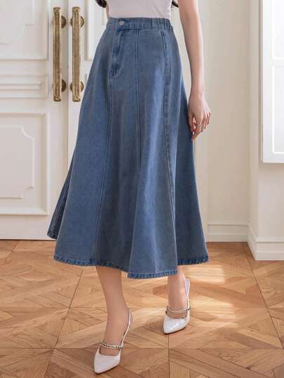 DAZY 女士长款拉链前开襟休闲牛仔A字裙