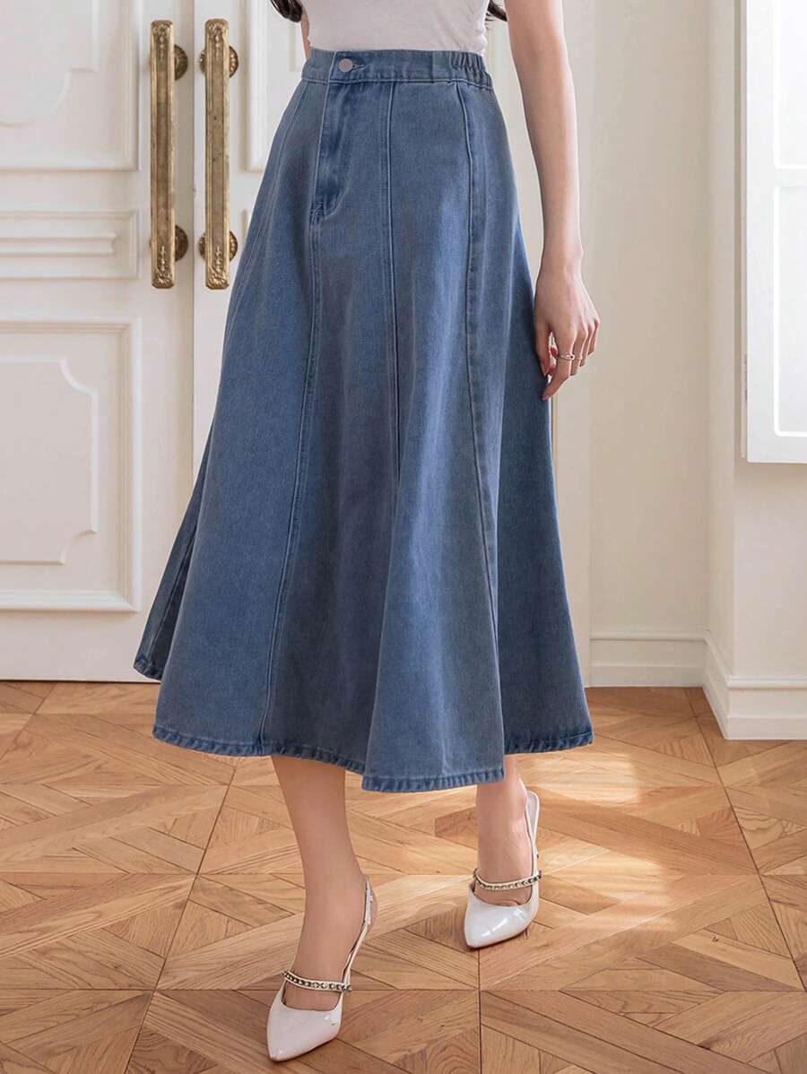 DAZY 女士长款拉链前开襟休闲牛仔A字裙 - 中等水洗藍 - 查看 1