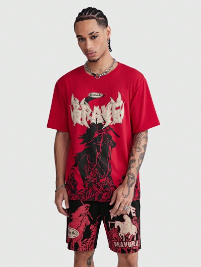 ROMWE Avant Conjunto de 2 piezas de camiseta de manga corta y shorts, bordado y estampado, para hombres, escuela