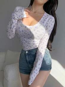 DAZY Women's Spring And Summer Floral Printed Round Neck Long Sleeve Slim Fit T-Shirt - Baby Pink - View 6