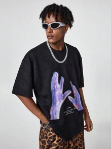 Manfinity VCAY 男士宽松圆领短袖 T 恤，带手印，适合夏季，图案 T 恤