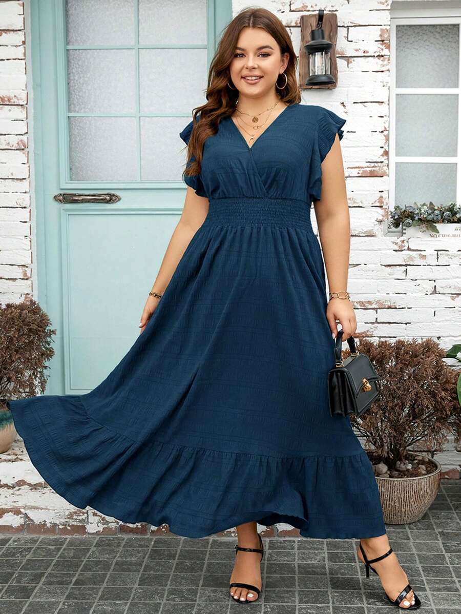SHEIN Clasi Plus Size Solid V-Neck Ruched Ruffle Hem Minimalist Dress, Casual Holiday - Teal Blue - View 1