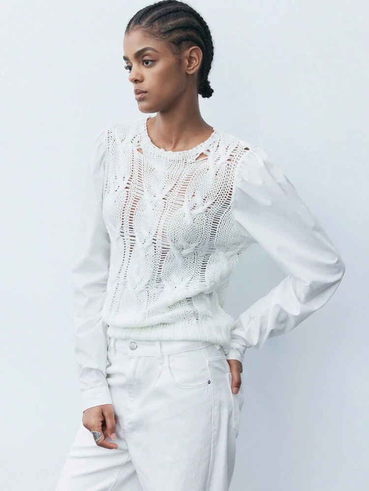 SHEIN Maija Women Simple Hollow-Out Color Block Casual Sweater