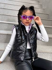 SHEIN Tween Girls Reversible Laser Cut Padded Vest - Multicolor - View 4