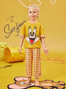TOM & JERRY X SHEIN 卡通印花可爱黄色上衣和休闲格子裤睡衣套装，适合年轻女孩