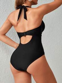 Women's Mesh Splice Backless Halter Black One-Piece Swimsuit Summer
