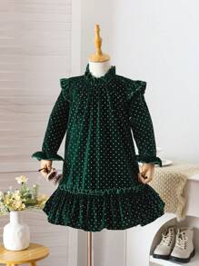 SHEIN 女童优雅天鹅绒水钻装饰绿色派对连衣裙，适合节日场合 - 黃色 - 查看 9