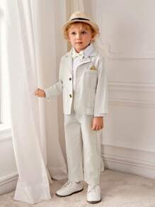 SHEIN Conjunto de 3 piezas de chaqueta a rayas beige, pantalones y pañuelo para niño pequeño, conjunto informal formal para fiesta de cumpleaños, boda, Halloween, Navidad, Acción de Gracias, bautizo, uso formal, otoño e invierno