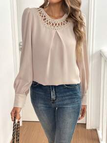 Chiquease Solid Color Hollow Splice Round Neck Long Sleeve Button Casual Top Fall Cloth For Women - Apricot - View 5
