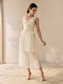 MOTF 女式优雅纯色蕾丝荷叶边下摆夏季连衣裙 - 杏色 - 查看 9