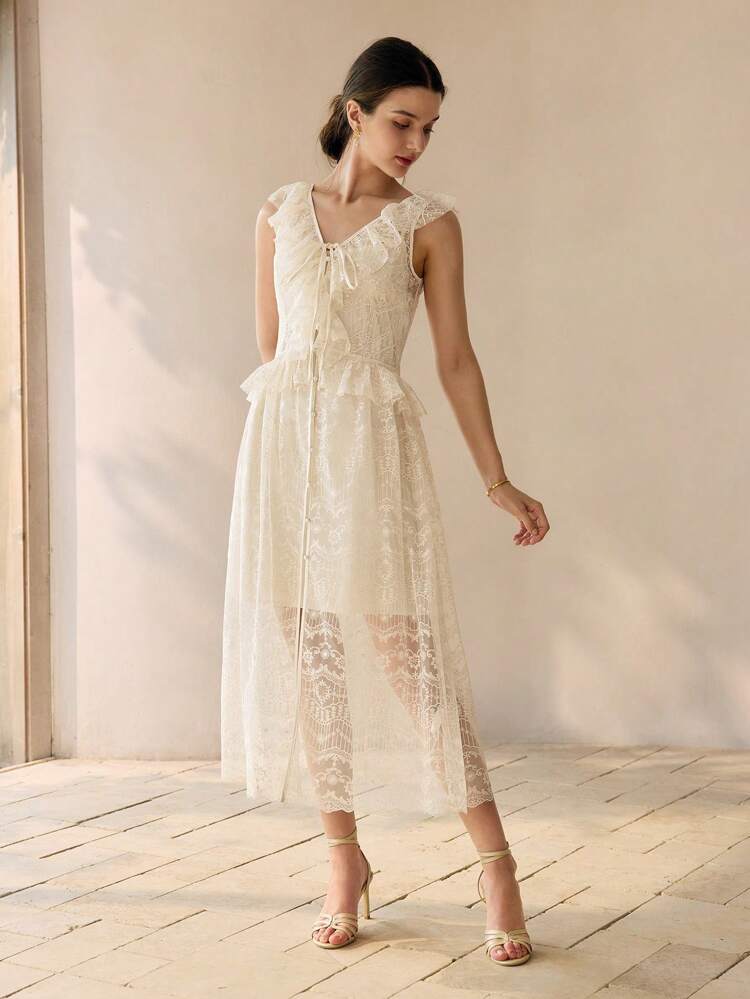 Vestido de verano elegante de unicolor con volantes de encaje en el bajo para mujer