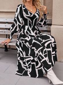 SHEIN Clasi Allover Print V-Neck Long Sleeve Ruffle Hem Dress - Black - View 3