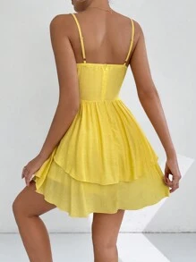 Chiquease Women's Summer Solid Color Ruffle Hem Elegant Spaghetti Strap Short Dress - Yellow - View 2