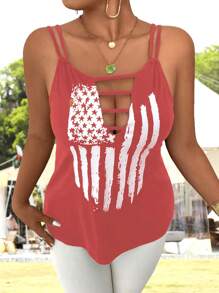 SHEIN LUNE 大码夏季休闲美国国旗印花镂空吊带背心