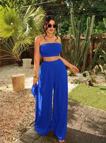 SHEIN SXY Women Fashionable Ruched Strapless Wide Leg Pants Set Summer Vacation Holiday Beach BOHO Sexy ,2 Pieces Set Blue