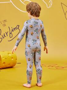 TOM & JERRY X SHEIN Young Boy Cartoon Allover Print Snug Fit Sleepwear Set - Long Sleeve Top & Pants