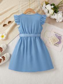 SHEIN Vestido casual de verano para niña con mangas de vuelo y botones frontales de unicolor - Lavado ligero - Ver 2