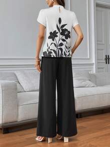 SHEIN Privé Conjunto de blusa con estampado floral y pantalones anchos negros para mujer - Blanco y Negro - Ver 2