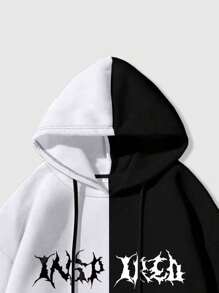 ROMWE MEN Grunge Punk Men's Casual Letter Graphic Colorblock Hoodie, School - Black - View 4