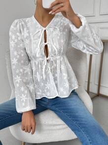 SHEIN LUNE Women's Commute Simple Floral Jacquard Front Tie Long Sleeve Elegant Blouse, Spring/Summer