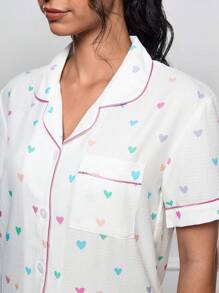 Maryam Alam Artist 2pcs Women Heart Print Short Sleeve Top And Casual Comfy Shorts Pajama Set, For Summer, Holiday, Going Out