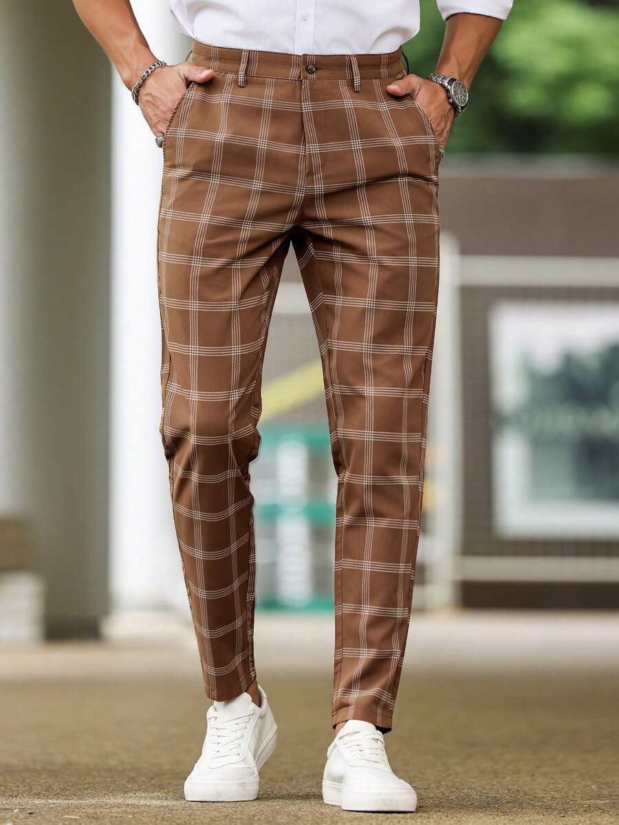 Manfinity Homme Men's Plaid Straight Loose Casual Commute Suit Pants With Pockets Men Plaid Pantsplaid Pants Menplaid Pantscheckered Pantsbrown Pants For Men - Chocolate Brown - View 1