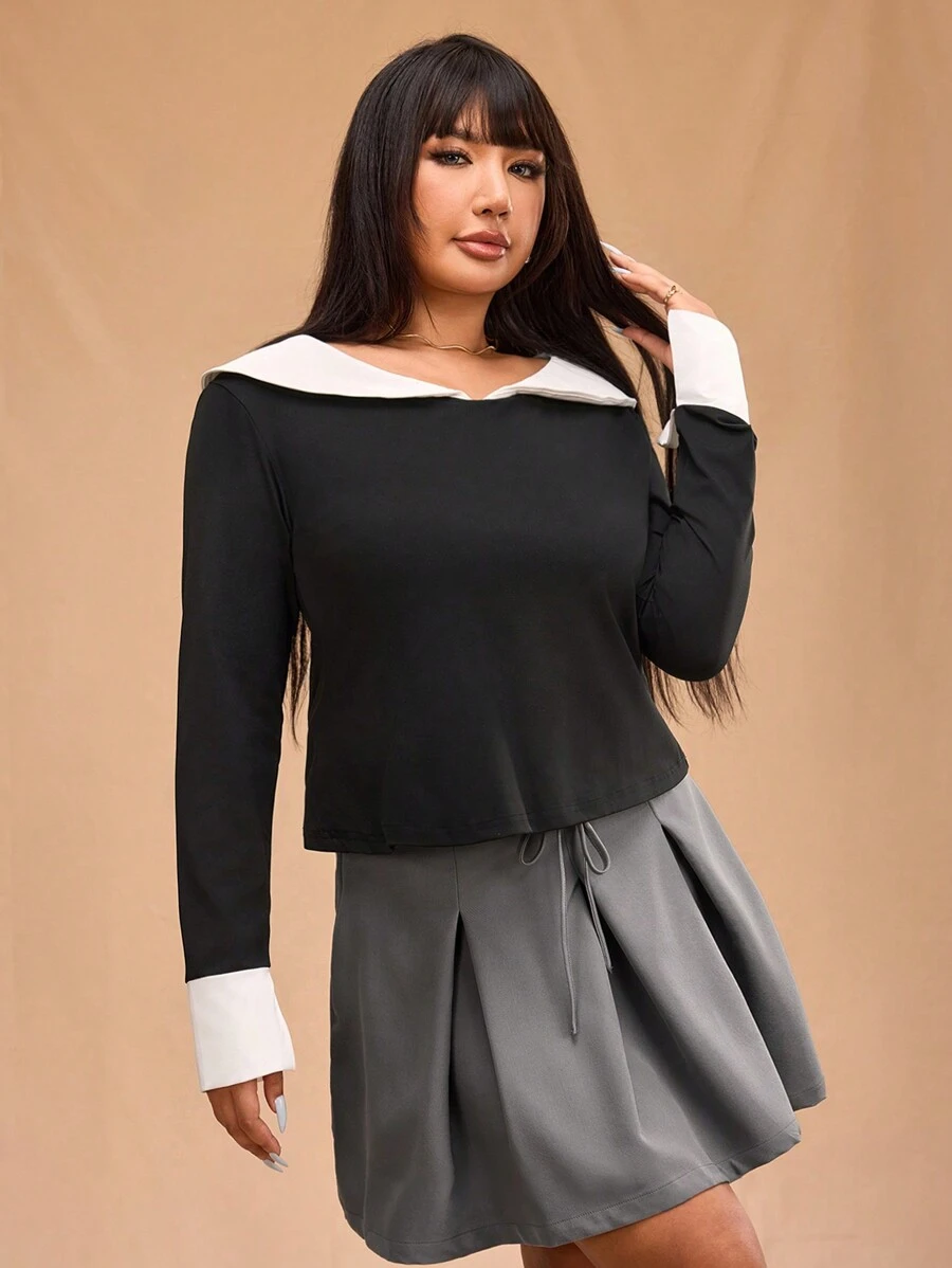 Forever 21 Plus Size Women Color Block Long Sleeve T-Shirt, Fall/Winter - Black and White - View 1