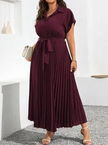 Flirla Plus Size Solid Color Ruched Waist Tied Short Sleeve Dress For Summer Maxi Women Outfit - Maroon - View 1