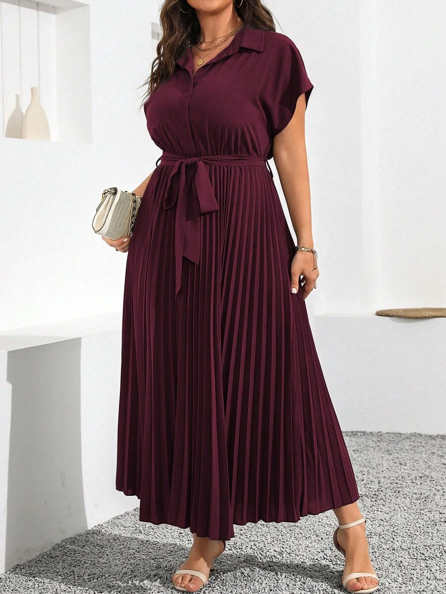Flirla Plus Size Solid Color Ruched Waist Tied Short Sleeve Dress For Summer Maxi Women Outfit - Maroon - View 1