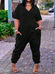 SHEIN Plus Size Women's Solid Color Simple Casual Short Sleeve Jumpsuit - Black - View 4