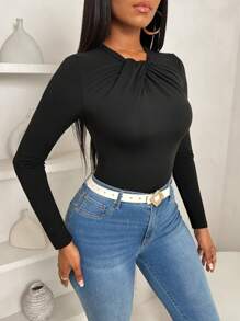 BamGleam 女式休闲优雅蝴蝶结领修身荷叶边下摆纯色长袖 T 恤，秋季女装 - 黑色 - 查看 4