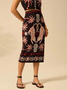 CAJUNI 女士度假休闲海滩夏季波西米亚风热带豹纹、椰子和菠萝印花黑色修身半身裙 - 彩色 - 查看 7