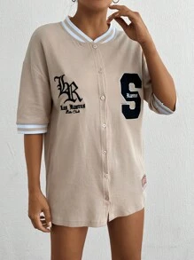 EURMUSE 100%Cotton Letter Graphic Striped Trim Drop Shoulder Baseball Jersey - Beige - View 5