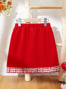 Strawberry Shortcake X SHEIN Tween Girl Cartoon Strawberry Character Printed Contrast Red Plaid A-Line Skirt - Red - View 2