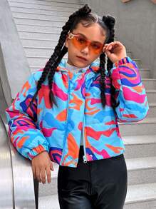 SHEIN Explorewe Tween Girls Colorful Abstract Pattern Hooded Casual Cropped Long Sleeve Thicken Warm Winter Jacket - Multicolor - View 1