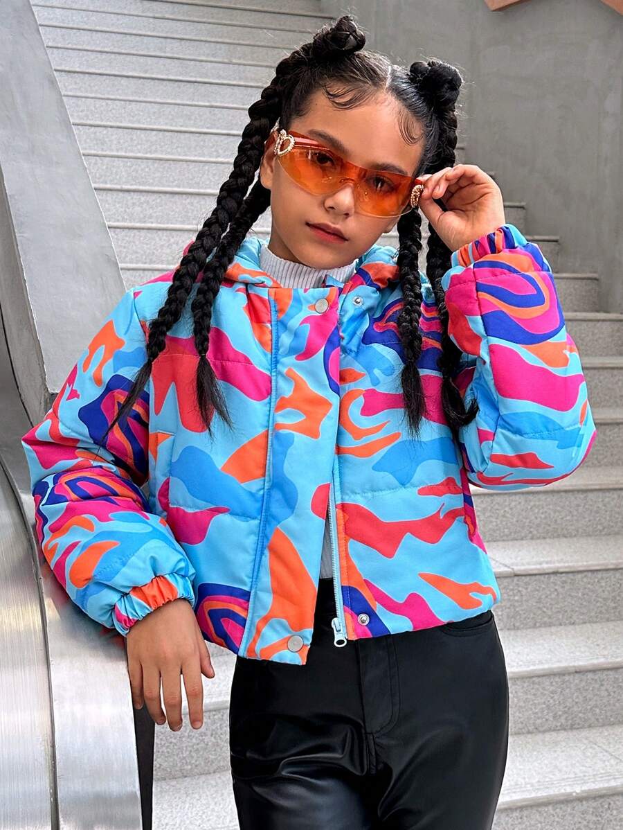 SHEIN Explorewe Tween Girls Colorful Abstract Pattern Hooded Casual Cropped Long Sleeve Thicken Warm Winter Jacket - Multicolor - View 1