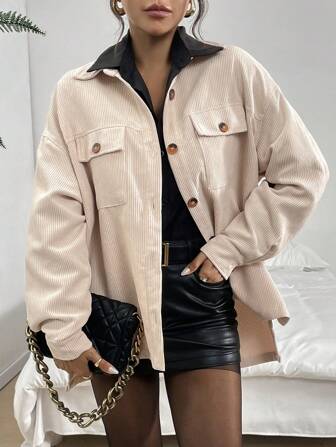 SHEIN Essnce Damen Jackenhemd Lässig Loose einfarbige Cord Jacke Langarm Damen Blusen Knopfleiste Damen Hemd Flanell Hemd Herbst Damen Outfits