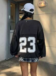 Muchica Women's Drop Shoulder Oversized Football Letter Black Satin Printed Sweatshirt