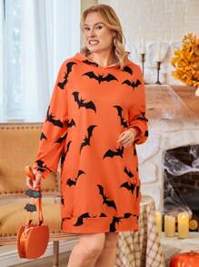 Plus Size Women's Bat Print Hooded Long Sleeve Sweatshirt Pullover Fall Outfit - Multicolor - View 3