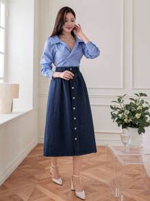 DAZY Women's Denim A-Line Riveted Button Skirt Jeans Skirt - Dark Wash - View 5